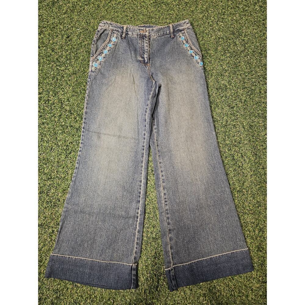 90's VTG Denim Super Wide Leg, Jeanology Collection Jeans Sz 10 Beaded Jeweled